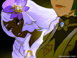  2girls apron bow bowtie dark-skinned_female dark_skin dress fascinator green_hair half-closed_eyes head_out_of_frame jacinthe_(pokemon) jewelry lebanne_(pokemon) lipstick long_hair looking_at_viewer maid maid_apron makeup master_and_servant mayotsunamayo multiple_girls nervous open_mouth pokemon pokemon_legends:_z-a portrait purple_dress smile sweatdrop teeth upper_teeth_only very_dark_skin violet_eyes wavy_mouth white_bow white_bowtie 