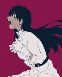  1girl bambietta_basterbine black_hair bleach bleach:_sennen_kessen-hen clothes_grab coat commentary_request crying dark-skinned_female dark_skin from_side gloves long_hair nigatsumikka no_headwear official_alternate_skin_color open_mouth red_eyes solo streaming_tears tears upper_body very_long_hair wandenreich_uniform white_coat white_gloves zombie_(bleach) 