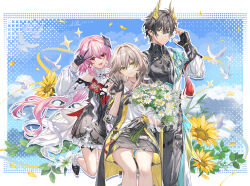  1boy 2girls absurdres al_guang bare_shoulders black_coat black_gloves black_skirt bouquet closed_mouth coat dan_heng_(honkai:_star_rail) dan_heng_(permansor_terrae)_(honkai:_star_rail) evernight_(honkai:_star_rail) gloves grey_hair hair_between_eyes highres holding holding_bouquet honkai:_star_rail honkai_(series) long_hair long_sleeves looking_at_viewer march_7th_(honkai:_star_rail) multiple_girls official_alternate_costume official_alternate_eye_color official_alternate_hair_length official_alternate_hairstyle open_mouth pink_hair red_eyes shirt sitting skirt smile standing stelle_(honkai:_star_rail) trailblazer_(honkai:_star_rail) v white_shirt yellow_eyes 