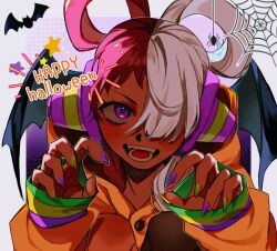  1girl asymmetrical_bangs bat_(animal) bat_wings blush bug claw_pose cocoashina commentary hair_over_one_eye hair_rings halloween happy_halloween headphones highres hood hood_down hoodie long_hair long_sleeves looking_at_viewer multicolored_hair multicolored_nails one_piece one_piece_film:_red open_mouth orange_hoodie red_hair silk solo spider spider_web straight-on symbol-only_commentary two-tone_hair upper_body uta_(one_piece) violet_eyes white_hair wings 