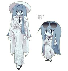  1girl air_zizon belt black_necktie black_shoes blue_hair coat coat_on_shoulders collared_shirt colored_skin earrings eunoia_(frozen_soul) eyewear_on_head frozen_soul full_body hair_between_eyes hat highres jewelry long_hair multiple_views necktie open_mouth ringed_eyes roblox shirt shoes simple_background smile snowflake_earrings very_long_hair white_background white_belt white_coat white_hat white_shirt white_skin 