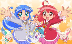  2girls :d ^_^ ahoge angel_wings aqua_dress aqua_eyes aqua_hair arm_up blonde_hair blue_hair blue_hat blue_skirt blush blush_stickers bow bowtie brooch buttons closed_eyes commentary cowboy_shot creature curly_hair double-breasted dress earrings facing_ahead fairy fine_(futagohime) fushigiboshi_no_futago_hime fushigiboshi_no_futago_hime_gyu gem gold_buttons gradient_background grey_jacket hair_between_eyes happy hat hat_ornament highres holding_hands interlocked_fingers jacket jeweled_hat jewelry kyukyu long_hair long_sleeves looking_at_viewer low-tied_long_hair low_twintails matching_outfits multicolored_hair multiple_girls no_headwear open_hand open_mouth orange_background outstretched_hand phrygian_cap pink_dress pink_hair pink_skirt pleated_skirt pointy_ears puffy_long_sleeves puffy_sleeves pumo_(futagohime) purple_bow purple_bowtie pyupyu reaching reaching_towards_viewer red_eyes red_hair red_jacket rein_(futagohime) royal_wonder_academy_school_uniform school_uniform siblings side-by-side sisters skirt smile sphere_earrings spread_fingers standing star_(symbol) star_brooch star_earrings star_symbol_background sun_hat_ornament tachikawa tail twins twintails two-tone_hair very_long_hair violet_eyes white_hair white_wings wide_sleeves wings 