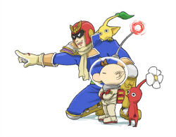  2boys arm_on_knee armor armored_boots backpack bag big_nose bird bird_hat_ornament black_eyes blue_bodysuit bodysuit boots bracelet brown_hair captain_falcon closed_eyes collared_bodysuit colored_skin covered_pectorals creature creature_on_shoulder crossed_arms expressionless f-zero flower from_side full_body gloves happy height_difference helmet high_collar jewelry knee_boots multiple_boys naru_(wish_field) olimar on_one_knee on_shoulder open_mouth pauldrons pectorals pikmin_(creature) pikmin_(series) pointing pointing_forward pointy_ears pointy_nose red_bag red_gloves red_helmet red_pikmin red_skin scarf short_hair short_male shoulder_armor simple_background single_pauldron smile space_helmet spacesuit super_smash_bros. teeth upper_teeth_only very_short_hair white_background white_flower yellow_boots yellow_gloves yellow_pikmin yellow_scarf yellow_skin 