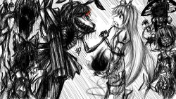  6+girls animal_ears arm_cannon arm_up armor ascot back_spikes black_fire blood blood_from_mouth blouse body_horror bound bow buttons claws clenched_teeth commentary detached_sleeves extra_eyes eyeball fire frilled_bow frilled_hair_tubes frilled_shirt_collar frills frog_hair_ornament from_side fujiwara_no_mokou furrowed_brow gatling_gun hair_bow hair_ornament hair_tubes hairband hakurei_reimu hand_on_another&#039;s_chin hat hat_bow hatching_(texture) heart_button herushiart holding holding_rope hollow_eyes horror_(theme) injury kamishirasawa_keine kirisame_marisa kochiya_sanae komeiji_satori limited_palette long_hair long_sleeves looking_at_another minigun monster monster_girl multiple_girls no_mouth ofuda ofuda_on_clothes open_mouth pants pyrokinesis rabbit_ears rabbit_tail red_eyes reisen_udongein_inaba rope scowl shaded_face sharp_teeth shirt signature simple_background skeletal_arm skirt smile snake_hair_ornament spanish_commentary spiral suspenders tail teeth third_eye tied_up_(nonsexual) torn_clothes torn_sleeves touhou touhou_igyoukyo variant_keine variant_marisa variant_reimu variant_reisen variant_sanae variant_satori vertical_mouth very_long_hair weapon witch_hat yin_yang 