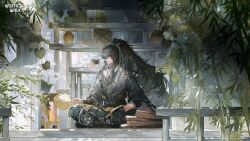  1boy absurdres arm_armor black_hair black_pants cloak closed_mouth commentary english_commentary green_ribbon hair_ribbon highres holding indoors logo long_hair male_focus official_art pants ponytail qiuyuan_(wuthering_waves) ribbon sitting solo white_cloak wuthering_waves 