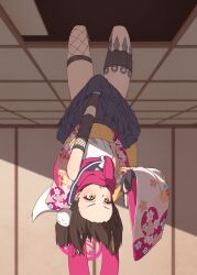  1girl absurdres asymmetrical_legwear black_gloves black_sailor_collar black_skirt blue_archive blush brown_hair cherry_blossom_print commentary eyeshadow fang fishnet_thighhighs fishnets floating_hair floral_print floral_print_kimono forehead fox_girl fuhao10708 full_body gloves hair_ornament halo highres indoors izuna_(blue_archive) japanese_clothes kimono kuji-in kunai long_sleeves looking_to_the_side makeup medium_hair miniskirt mismatched_legwear neckerchief ninja one_side_up open_mouth partially_fingerless_gloves pink_eyeshadow pink_halo pink_kimono pink_neckerchief pink_scarf pleated_skirt pom_pom_(clothes) pom_pom_hair_ornament print_kimono sailor_collar scarf school_uniform serafuku shirt single_thighhigh skin_fang skirt sleeveless sleeveless_shirt solo symbol-only_commentary thigh-highs upside-down weapon white_shirt wide_sleeves yellow_eyes 