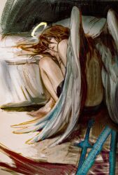  1boy angel angel_devil_(chainsaw_man) angel_wings back bed brown_hair chainsaw_man feathered_wings from_behind hair_between_eyes halo head_on_bed highres indoors long_hair male_focus male_underwear on_floor red_eyes sitting solo topless_male traditional_halo u_ryeon underwear white_wings wings 