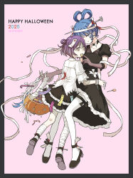  2025 2girls absurdres alternate_costume alternate_hairstyle bandaged_head bandaged_leg bandages black_border black_bow black_dress black_shoes black_skirt blood blood_on_bandages blood_on_clothes blue_eyes blue_hair blunt_bangs border bow candy chain collared_shirt commentary cuffs detached_collar dress dress_flower drill_hair drill_sidelocks earrings elbow_gloves english_text feeding flower food food_in_mouth frilled_dress frilled_skirt frills full_body gloves grey_eyes hair_rings half_updo halloween halloween_bucket happy_halloween height_difference high_heels highres holding_hands jewelry kaku_seiga lace-trimmed_gloves lace-trimmed_sleeves lace_trim ladenaku layered_skirt looking_at_another looking_to_the_side miyako_yoshika multiple_girls nail_(hardware) pantyhose paper_on_head patchwork_skin pink_background puffy_short_sleeves puffy_sleeves purple_hair see-through_clothes see-through_gloves severed_arm severed_limb shackles ship_name shirt shoes short_hair short_sleeves sidelocks skirt smile thigh_bow thigh_strap touhou white_flower white_pantyhose white_shirt 