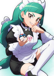  1girl apron black_shoes brown_eyes clenched_hand commentary_request figure_four_sitting great_ball green_hair grin hair_behind_ear hands_up head_rest head_tilt headdress highres holding holding_poke_ball lebanne_(pokemon) long_hair poke_ball pokemon pokemon_legends:_z-a puffy_sleeves shoes sitting smile solo taba_neruko teeth thigh-highs white_apron white_thighhighs 
