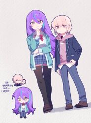  1boy 1girl :&lt; :3 akiyama_mizuki alternate_hair_length alternate_hairstyle blazer blue_pants bow bowtie breasts cardigan chibi chinese_commentary chinese_text collared_shirt diagonal-striped_bow diagonal-striped_bowtie diagonal-striped_clothes expressionless full_body genderswap genderswap_(mtf) genderswap_(otm) highres jacket kamishiro_rui kamiyama_high_school_uniform_(project_sekai) laylayhappy light_blush loafers long_hair looking_at_viewer medium_breasts necktie pants pink_cardigan pink_eyes pink_hair plaid_clothes plaid_skirt project_sekai purple_hair school_uniform shirt shoes short_hair skirt smile striped_bow striped_bowtie striped_clothes thigh-highs yellow_eyes 