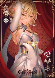  1girl anemo_symbol_(genshin_impact) arm_armor arm_up armpits artist_name black_gloves blonde_hair breasts copyright_name cowboy_shot cryo_symbol_(genshin_impact) curtains detached_sleeves dress electro_symbol_(genshin_impact) fingerless_gloves flower genshin_impact geo_symbol_(genshin_impact) gloves gold_trim hair_between_eyes hair_flower hair_ornament half-closed_eyes heikokuru1224 highres hydro_symbol_(genshin_impact) leaf_hair_ornament lips long_sleeves looking_down lumine_(genshin_impact) mitsudomoe_(shape) pyro_symbol_(genshin_impact) short_hair sidelocks sleeveless sleeveless_dress small_breasts solo sparkle standing teeth tomoe_(symbol) white_dress white_flower white_sleeves yellow_eyes 