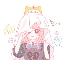  1girl :3 =_= ahoge animal animal_on_head bat_(animal) black_shirt blanket blue_shirt brown_eyes cat chinese_commentary closed_mouth clothed_animal collared_shirt commentary_request crescent_print cross-laced_clothes cross-laced_top dream-like_night_(infinity_nikki) ear_covers eyes_visible_through_hair flat_color flower frilled_shirt frilled_shirt_collar frilled_sleeves frills ghost halloween happy highres hood hood_up infinity_nikki jack-o&#039;-lantern layered_shirt light_blush long_hair momo_(nikki) nikki_(nikki) nikki_(series) on_head one_eye_covered pink_hair print_shirt puffy_short_sleeves puffy_sleeves shirt short_sleeves sidelocks simple_background smile straight-on tazi9751 upper_body vertical-striped_sleeves very_long_hair wavy_hair white_background white_cat yellow_hood 