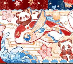  animal animal_focus artist_request bug butterfly cherry_blossoms clothed_animal flower hat koi lantern mini_hat no_humans original outline panda paper_lantern pink_flower red_hat red_scarf riding riding_animal scarf signature third-party_source waves white_background white_outline 