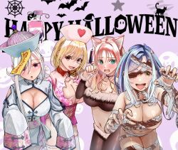  4girls :o amagami-san_chi_no_enmusubi animal_ears bat_(animal) black_pantyhose blonde_hair blue_eyes blue_hair brown_eyes cat cat_ears character_request chinese_clothes claw_pose eyepatch fang halloween halloween_costume happy_halloween hat highres jack-o&#039;-lantern long_hair looking_at_viewer multiple_girls mummy_costume navel nobi_takami nurse_cap open_mouth pantyhose pink_background pink_hair short_hair silk spider_web standing teeth upper_body upper_teeth_only white_hair 