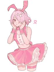  1girl alternate_costume animal_ears choker crop_top cropped_legs dr._stone eyes_visible_through_hair fake_animal_ears fake_tail frilled_skirt frills hair_ornament hair_over_one_eye hands_on_own_face heart looking_at_viewer luna_wright midriff pink_choker pink_eyes pink_hair pink_skirt pink_theme rabbit_ears rabbit_tail sazameri short_hair skirt solo star_(symbol) star_hair_ornament tail thigh_strap white_background wrist_cuffs 