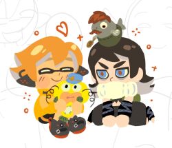  1boy 1girl abaddon_(haunted_hotel) alternate_species blue_eyes brown_hair character_request chibi chinese_text commentary esther_freeling haunted_hotel inkling_girl inkling_player_character long_hair no_lineart octoling_boy octoling_player_character orange_hair repeeksdnuorg short_hair simple_background sitting smallfry_(splatoon) splatoon_(series) tentacle_hair translation_request white_background 
