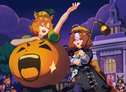  5girls absurdres ago_(owenanaken) ahoge alternate_costume animal_ear_headwear animal_ears ascot bat_wings black_dress black_gloves black_hat bow breasts brown_hair cape closed_eyes closed_mouth crown double-parted_bangs dress ear_covers fingerless_gloves flipped_hair frilled_hairband frills ghost_ornament gloves hair_between_eyes hair_over_one_eye hairband halloween halloween_bucket halloween_costume haru_urara_(umamusume) hat highres holding horse_ears horse_girl horse_tail jack-o&#039;-lantern_brooch jack-o&#039;-lantern_ornament lantern long_hair long_sleeves low_twintails mayano_top_gun_(rockin&#039;_mewmeow)_(umamusume) mayano_top_gun_(umamusume) medium_hair meisho_doto_(dot-o&#039;-lantern)_(umamusume) meisho_doto_(umamusume) midriff multicolored_hair multiple_girls night official_alternate_costume official_alternate_hairstyle open_mouth orange_crown orange_hair orange_hat orange_ribbon outdoors pink_hair ponytail puffy_short_sleeves puffy_sleeves pumpkin_brooch pumpkin_costume pumpkin_hat purple_arm_warmers purple_hairband purple_wings red_cape ribbon rice_shower_(make_up_vampire!)_(umamusume) rice_shower_(umamusume) shirt short_hair short_sleeves single_ear_cover skirt smile striped_arm_warmers striped_sleeves t.m._opera_o_(umamusume) tail twintails two-tone_hair umamusume violet_eyes white_ascot white_hair white_shirt wings 