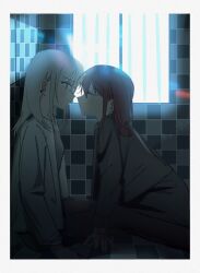  2girls absurdres blush border brown_hair chinese_commentary closed_eyes closed_mouth commentary_request earrings girls_band_cry grey_eyes grey_hair haidao_mao highres imminent_kiss indoors iseri_nina jewelry kawaragi_momoka long_hair long_sleeves looking_at_another multiple_girls shirt white_border white_shirt yuri 