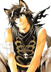  1boy absurdres alternate_costume bandage_on_nose bandaged_arm bandages black_eyes black_hair bruise closed_mouth commentary death_note english_commentary highres injury jewelry l_(death_note) male_focus midriff necklace nifast_(greentail) scar scar_on_arm short_hair simple_background skeleton_print skull_necklace sleeveless solo teeth twitter_username white_background 