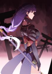  1girl absurdres angry architecture back_bow blunt_bangs bow braid bridal_gauntlets closed_mouth east_asian_architecture english_commentary engulfing_lightning_(genshin_impact) floating_hair from_side genshin_impact glowing glowing_hair glowing_tattoo gradient_background gradient_hair hair_floating_upwards hair_ribbon highres holding holding_polearm holding_weapon japanese_clothes joshyjoshj kimono long_braid looking_to_the_side mole mole_under_eye multicolored_hair neck_tattoo official_alternate_costume polearm purple_hair purple_kimono raiden_shogun red_background red_sash red_sky ribbon sash shade single_braid sky solo standing star_(symbol) streaked_hair tattoo tomoe_(symbol) upper_body weapon 