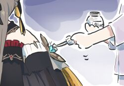  2girls black_dress detached_sleeves dress from_side genshin_impact glue highres holding long_sleeves multiple_girls raiden_shogun sandrone_(genshin_impact) xinzoruo 