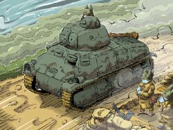  3boys cannon cat_boy caterpillar_tracks exhaust_pipe helmet highres military_uniform military_vehicle mortar_(weapon) motor_vehicle multiple_boys original sandbag tank vehicle_focus vehicle_request yabarn 