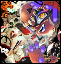  2girls big_man_(splatoon) big_man_(splatoween)_(splatoon) black_border black_hair black_lips black_shirt border bracer cephalopod_eyes chest_sarashi claw_pose colored_extremities colored_eyelashes colored_skin colored_tongue commentary crop_top cross-shaped_pupils dark-skinned_female dark_skin earrings english_commentary eyeshadow fangs folded_fan folding_fan frye_(splatoon) frye_(splatoween)_(splatoon) gradient_hair hair_over_one_eye halloween_costume hand_fan head_chain holding holding_fan horizontal_pupils inkling isamu-ki_(yuuki) jewelry long_eyelashes looking_at_viewer makeup medium_hair multicolored_hair multiple_girls octoling official_alternate_costume one_eye_covered open_mouth orange_eyes purple_tongue red_eyes red_eyeshadow red_hair sarashi shirt shiver_(splatoon) shiver_(splatoween)_(splatoon) smile splatoon_(series) splatoon_3 symbol-shaped_pupils tentacle_hair white_skin 