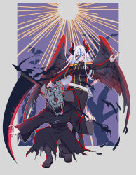  1boy 1girl 201_(yield) addamaque black_coat black_jacket black_wings blue_streaks border coat commentary_request cosplay death_(entity) demon demon_horns epaulettes facial_mark feathered_wings fingernails grim_reaper grim_reaper_(cosplay) halloween halloween_costume helmet heterochromia highres holding holding_scythe horns jacket kneeling long_hair multicolored_hair outside_border purple_background red_eyes red_nails scythe sharp_fingernails streaked_hair sun sword the_hundred_line_-last_defense_academy- v&#039;ehxness violet_eyes weapon white_border white_hair wings 