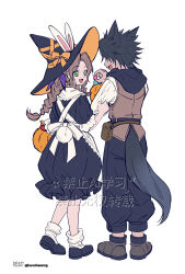  1boy 1girl aerith_gainsborough alternate_costume animal_ear_headwear animal_ears apron black_dress black_hair black_pants black_shoes boots braid braided_ponytail brown_boots brown_hair brown_vest candy clothes_grab dog_boy dog_ears dog_tail dress fang final_fantasy final_fantasy_vii food full_body green_eyes hair_ribbon halloween_bucket halloween_costume hat hat_ribbon holding holding_candy holding_food huosheanng long_hair looking_at_another open_mouth orange_ribbon pants parted_bangs puffy_short_sleeves puffy_sleeves purple_ribbon rabbit_girl rabbit_tail ribbon shirt shoes short_hair short_sleeves sidelocks single_braid sleeve_grab smile socks standing tail vest white_apron white_background white_shirt white_socks witch witch_hat zack_fair 
