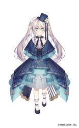 1girl aged_down alternate_costume aqua_capelet aqua_hat aqua_skirt black_corset black_ribbon black_shoes blue_eyes braid capelet copyright_notice corset embroidery flower full_body grey_hair hat highres layered_skirt long_hair long_skirt looking_at_viewer mini_hat nijisanji oh_jiyu ribbon shirt shoes simple_background single_braid skirt smile socks solo thx_39 top_hat twintails virtual_youtuber white_background white_flower white_shirt white_socks 