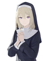  1girl absurdres bang_dream! bang_dream!_it&#039;s_mygo!!!!! black_dress blonde_hair commentary dress hair_between_eyes haizou_bingsan highres indoors long_hair medium_hair misumi_uika nun own_hands_clasped own_hands_together simple_background solo violet_eyes white_background 