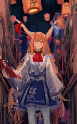  1girl absurdres alternate_costume blue_skirt blush commentary_request cup hair_between_eyes highres holding holding_cup horn_ornament horn_ribbon horns ibuki_suika lantern long_hair long_sleeves looking_at_viewer neckerchief orange_eyes orange_hair pantyhose paper_lantern red_neckerchief ribbon sakazuki shirt skirt smile solo touhou vanilla_flan very_long_hair white_pantyhose white_shirt 