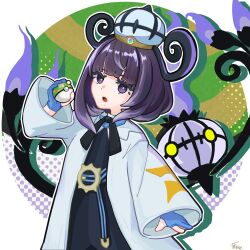  1girl :o belt belt_buckle black_dress blue_gloves bob_cut buckle chandelier chandelure coat dress eyelashes gloves gwynn_(pokemon) hanaame_amejiro hat highres holding holding_poke_ball long_sleeves looking_at_viewer mega_stone nest_ball o-ring o-ring_belt open_clothes open_coat open_mouth partially_fingerless_gloves poke_ball pokemon pokemon_(creature) pokemon_legends:_z-a purple_hair short_hair violet_eyes white_coat wide_sleeves 
