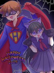  1boy 1girl 2025 :d animal_ear_hairband animal_ears animal_hands antenna_hair black_hair black_mask blue_shirt brown_eyes brown_hair cape cat_ear_hairband cat_ears collared_shirt colored_eyelashes commentary cowboy_shot double-parted_bangs english_commentary eye_mask fake_animal_ears gloves glowing glowing_eyes grey_pants hair_behind_ear hair_between_eyes hairband hands_up happy_halloween hero_(faraway)_(omori) hero_(omori) highres leaning_forward long_hair long_sleeves mari_(headspace)_(omori) mari_(omori) mask medium_skirt neckerchief official_alternate_costume omori open_mouth outline pants pleated_skirt purple_background purple_hairband purple_skirt purple_sweater_vest red_cape red_gloves red_neckerchief ryo_pen17 shaded_face shirt short_hair silk simple_background skirt smile spider_web standing straight_hair superhero_costume sweater_vest tongue twitter_username very_long_hair very_short_hair vignetting violet_eyes white_outline white_shirt 