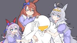  1boy 3girls alternate_costume animal_ears bald black_souls black_souls_2 blue_bow blue_eyes blush bow brown_hair closed_mouth colored_skin commentary dress ear_covers enmaided facepalm food food_on_face grey_background grey_hair hair_bow highres horse_ears horse_tail long_hair looking_at_another maid manny_mcmannington meme multiple_girls oguri_cap_(umamusume) purple_dress simple_background smile super_creek_(umamusume) sweater_vest t-head_trainer_(umamusume) tail tamamo_cross_(umamusume) trainer_(umamusume) umamusume upper_body where_is_alice_(meme) white_skin 