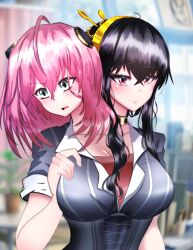  absurdres aged_up anya_(spy_x_family) black_hair blush breasts conjoined highres large_breasts looking_at_viewer looking_to_the_side original pink_hair yor_briar 