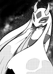 1girl back_bow black_background bow commentary dauntless_melon dutch_angle english_commentary froslass greyscale half-closed_eyes hand_to_own_mouth hand_up horns long_hair looking_at_viewer mega_froslass monochrome pokemon pokemon_(creature) pokemon_legends:_z-a solo very_long_hair