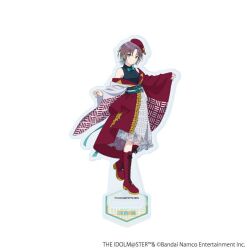  1girl asakura_toru bare_shoulders blue_bow blue_eyes boots bow dress grey_dress hat idolmaster idolmaster_shiny_colors multicolored_hair official_art red_hat red_shoes red_sleeves see-through_clothes see-through_skirt shell shoes short_hair skirt smile solo standing white_background 