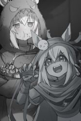  2girls absurdres animal_ears bandaged_arm bandaged_hand bandaged_head bandages candy choker claw_pose closed_mouth ear_ornament ears_through_hood eating fangs food food_on_face greyscale hair_between_eyes hair_ornament hairband halloween halloween_bucket halloween_costume highres holding hood hood_up horse_ears horse_girl kay_yu lightning_bolt_symbol long_hair long_sleeves looking_at_viewer monochrome multiple_girls mummy_costume oguri_cap_(umamusume) open_mouth skull_hair_ornament smile sports_bra tamamo_cross_(umamusume) teeth umamusume umamusume:_cinderella_gray upper_teeth_only very_long_hair 