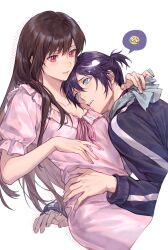  artist_name blue_eyes blush brown_hair commentary dated emoji hand_on_another&#039;s_hip head_on_another&#039;s_shoulder hetero highres iki_hiyori leaning_on_person looking_at_viewer noragami parted_lips pink_eyes pleading_face_emoji purple_hair simple_background sparkling_eyes spoken_emoji white_background xuchuan yato_(noragami) 