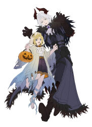  2boys absurdres age_difference aged_down alternate_costume ascot bandaged_leg bandages barefoot belt black_boots black_feathers black_gloves blonde_hair blue_coat blue_eyes blue_pants boots brown_belt bucket chest_strap claw_pose cloud_strife coat feather-trimmed_coat feathers final_fantasy final_fantasy_vii final_fantasy_vii_ever_crisis full_body ghost_costume gloves green_eyes grey_hair hair_intakes halloween halloween_bucket halloween_costume height_difference highres holding holding_bucket hood hood_up horns jack-o&#039;-lantern_ornament knee_boots leg_up long_sleeves male_focus medium_hair multiple_boys official_alternate_costume open_mouth pants parted_bangs purple_shorts robe sephiroth sephiroth_(dark_harbinger) sephiroth_(ever_crisis) shirt short_hair shorts simple_background thigh_strap torn_clothes two-tone_shorts white_ascot white_background white_coat white_robe white_shirt yakakaer 