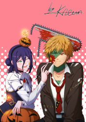  1boy 1girl absurdres artist_name ascot black_dress black_jacket black_necktie blonde_hair chainsaw chainsaw_man collared_shirt colored_skin denji_(chainsaw_man) dress green_eyes green_skin hair_bun halloween highres holding holding_paintbrush jack-o&#039;-lantern jacket lit_fuse necktie one_eye_closed paintbrush purple_hair red_eyes reze_(chainsaw_man) shirt short_hair stitched_face stitched_torso stitches unknown_(dgraymem) white_ascot white_shirt 