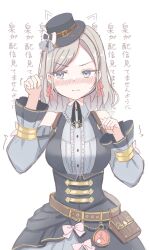  1girl bare_shoulders belt belt_pouch black_hat black_vest blush breasts center_frills ceras_yanagida_lilienfeld closed_mouth clothing_cutout cowboy_shot dress embarrassed frilled_shirt_collar frills grey_dress grey_hair hair_ribbon hat highres iroha_(nami3) large_breasts light_frown link!_like!_love_live! long_hair loose_belt love_live! nose_blush official_alternate_costume paw_pose pink_ribbon pouch retrofuture_(love_live!) ribbon shoulder_cutout solo split_mouth text_background translation_request underbust v-shaped_eyebrows vest virtual_youtuber 