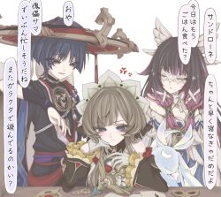  1boy 2girls angel_wings anger_vein bare_shoulders black_bodysuit black_bow black_collar black_hair black_hat black_kimono black_mask black_shorts black_sleeves blue_eyes blunt_bangs blunt_ends blunt_tresses bodysuit bow closed_eyes collar columbina_(genshin_impact) commentary_request cowlick detached_collar detached_sleeves dress eye_mask eyelashes eyes_visible_through_eyewear facing_another feathered_wings frilled_sleeves frills furisode gears genshin_impact gloves gold gold_trim grey_veil hair_bow hair_ornament hair_ribbon hair_tubes hand_on_another&#039;s_face hands_up hat head_rest head_wings highres holding japanese_clothes jewelry jingasa juban kimono layered_sleeves looking_at_another looking_at_object looking_down luonnotar_(genshin_impact) mandarin_collar mask mask_on_hat mitsudomoe_(shape) multiple_girls neck_ring o-ring open_hand open_mouth paper parted_bangs pen purple_pupils purple_rope purple_sash purple_sleeves red_hat red_kimono red_sash ribbon rope sandrone_(genshin_impact) sash scaramouche_(genshin_impact) shimenawa short_sleeves shorts speech_bubble swept_bangs table tassel tomoe_(symbol) translation_request tress_ribbon tsurime tuyu_name4 veil white_background white_dress white_gloves white_headdress white_kimono white_mask white_mouth white_ribbon white_rope white_wings winding_key wing_hair_ornament wing_ornament wings wispy_bangs wooden_table 