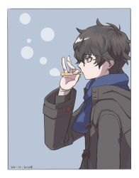  1boy amamiya_ren black-framed_eyewear black_eyes black_hair black_jacket blowing_bubbles blue_background blue_scarf border bubble_pipe commentary_request dated from_side glasses hair_between_eyes hand_up highres holding jacket long_sleeves looking_ahead male_focus meganeko_5605 mixed-language_commentary persona persona_5 profile scarf short_hair solo upper_body white_border 