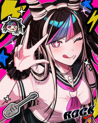  &gt;_o +_+ 1girl ;q black_hair black_sailor_collar black_skirt blue_hair blue_streaks blush breasts chibi chibi_inset collared_shirt commentary_request danganronpa_(series) danganronpa_2:_goodbye_despair ear_piercing english_text eyelashes face_piercing fingernails guitar hair_horns highres instrument lightning_bolt_symbol long_hair mioda_ibuki mouth_piercing multicolored_hair neckerchief one_eye_closed outline piercing pink_eyes pink_hair pink_neckerchief pink_streaks sailor_collar school_uniform scrunchie serafuku shirt short_sleeves skirt smile solo sparkle star_(symbol) streaked_hair tongue tongue_out w waniya_(qhw59) white_hair white_outline white_shirt wrist_scrunchie 