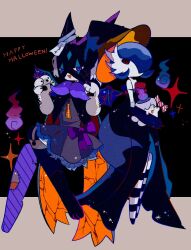  2girls alternate_color animal_feet animal_hands bare_shoulders barefoot black_background black_dress black_gloves black_hat blue_hair bob_cut body_fur bow candy claw_pose claws clothed_pokemon colored_skin commentary corset_piercing crack dress dress_bow elbow_gloves english_commentary english_text fang feet fire food frilled_dress frills furry furry_female gardevoir gloves grey_fur grey_hair hair_over_one_eye halloween hands_up happy happy_halloween hat highres holding holding_candy holding_food holding_pokemon kneehighs litwick long_dress looking_at_viewer mega_gardevoir mega_pokemon mendako_(tyatyaumai29) meowscarada multiple_girls no_feet no_mouth ofuda ofuda_on_head one_eye_covered open_mouth pawpads pokemon pokemon_(creature) purple_bow purple_fire red_eyes shiny_pokemon short_dress short_hair skin_fang smile socks sparkle strapless strapless_dress striped_clothes striped_socks two-sided_fabric two-sided_headwear violet_eyes white_skin witch_hat 