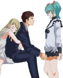  1boy 2girls aqua_hair blonde_hair blue_eyes brown_hair dress earrings gigi_andalusia gundam gundam_hathaway's_flash hathaway_noa highres hug hug_from_behind jacket jewelry long_hair long_sleeves makuramoto_(5ma6gicha) multiple_girls necktie quess_paraya shirt short_hair simple_background sitting skirt smile twintails white_background white_dress 