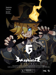  1boy alternate_costume aotu_world ascot bare_shoulders bat_(animal) black_ascot black_background black_bow black_choker black_gloves black_hat black_jacket black_shirt blonde_hair blue_eyes bow chinese_commentary choker claw_pose copyright_name creature english_commentary english_text fangs fingerless_gloves gloves hair_between_eyes halloween halloween_costume hat highres horns jacket jewelry king_(aotu_world) long_sleeves looking_at_viewer male_focus mixed-language_commentary off_shoulder official_art one_eye_closed open_mouth pale_skin pendant pendant_choker pointy_ears qi_chuang_she shirt short_hair skull sleeveless sleeveless_shirt smile solo star_(symbol) top_hat 