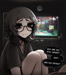  1girl arched_bangs black-framed_eyewear black_eyes black_hair black_shirt clock closed_mouth commentary cross cross_earrings cross_necklace earrings english_commentary english_text frown gary_(spongebob) glasses hair_ornament hairclip highres indoors jewelry knees_up looking_at_viewer medium_hair mikuneki necklace original parallel_hairclips raised_inner_eyebrows riyo_kaede_(mikuneki) sad semi-rimless_eyewear shirt short_sleeves solo spongebob_squarepants spongebob_squarepants_(series) talking tearing_up television under-rim_eyewear watching_television 